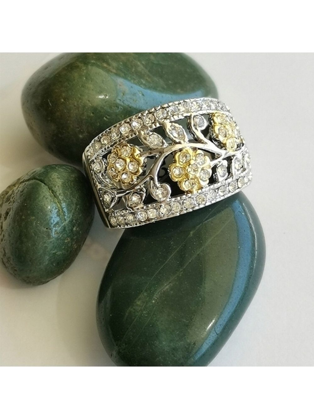 White Gold Yellow 14k Gold vermeil Dome ring filigree floral sz 7 🆕